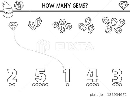 Match the numbers black and white dwarf game. Magic forest or gnome activity for kids with gems. Fairytale counting worksheet, coloring page. Number matching math game with precious stone 128934672