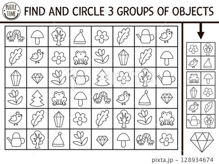 Dwarf black and white seek and find game with gnome or woodland symbols. Attention puzzle with frog, flower, leaf, tree. Magic forest printable activity, coloring page. Find groups of objects Dwarf black and white seek and find game with gnome or woodland symbols. Attention puzzle with frog, flower, leaf, tree. Magic forest printable activity, coloring page. Find groups of objects 128934674