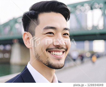 AI生成画像　屋外のヒゲを生やした若いビジネスマンの顔のアップ 128934849