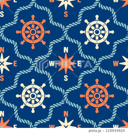 Seamless pattern with steering wheels, rope and directional symbols. Ideal for fabric, navigation-themed gifts, scrapbooking, or children's marine designs Seamless pattern with steering wheels, rope and directional symbols. Ideal for fabric, navigation-themed gifts, scrapbooking, or children's marine designs 128934920