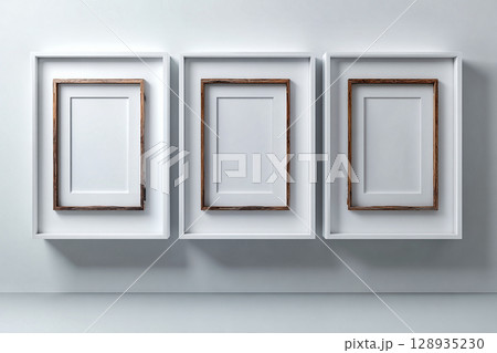 Perspective. Empty color photo frame for a collage of three photos in a minimalist style on a white background. Perspective. Empty color photo frame for a collage of three photos in a minimalist style on a white background. 128935230