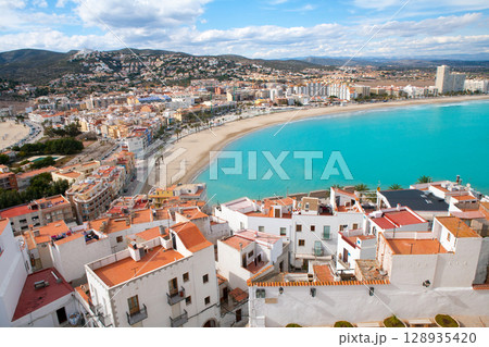 Peniscola beach and Village aerial view in Castellon Spain 128935420