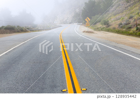 Foggy road in Calfornia Pacific Highway 1 US 101 128935442