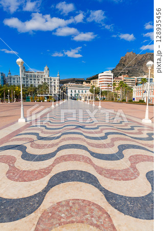 Alicante city and castle from port in Mediterranean Spain 128935456