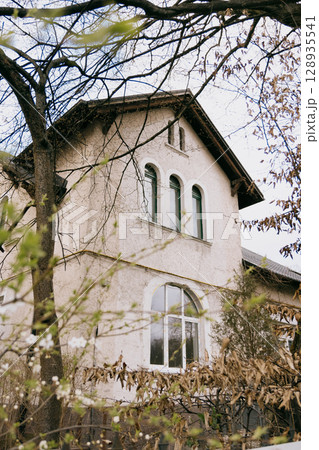 historic house with white and green roofs. house is surrounded by trees and it has lot of leaves. historic house with white and green roofs. house is surrounded by trees and it has lot of leaves. 128935541