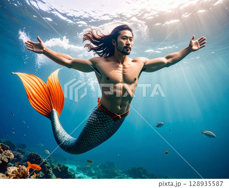 海で泳ぐ男性の人魚 128935587