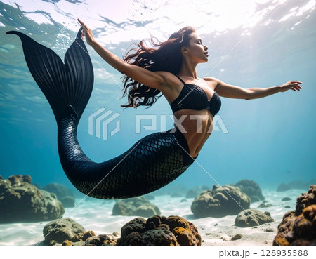 海で泳ぐ女性の人魚 128935588
