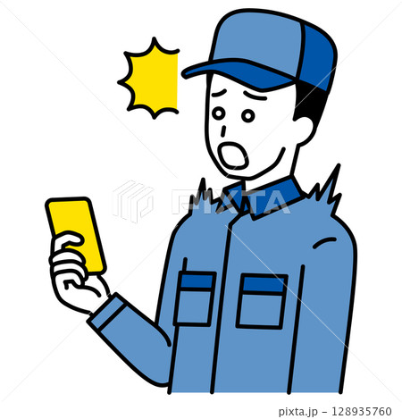 スマートフォンの画面を見て驚くつなぎ作業服の男性 128935760