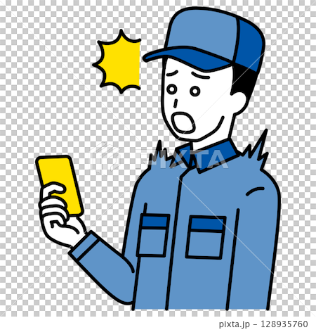 A man in overalls is surprised at the screen of his smartphone A man in overalls is surprised at the screen of his smartphone 128935760