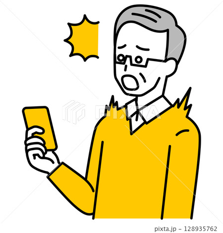 スマートフォンの画面を見て驚く年配の男性 128935762
