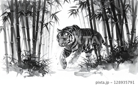 墨絵で描く竹藪から現れる虎の姿 墨絵で描く竹藪から現れる虎の姿 128935791