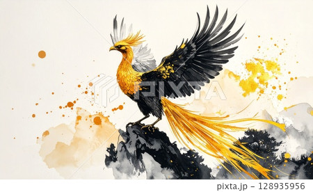 金閣寺の頂上に立つ鳳凰像墨絵画のイラスト素材 [128935956] - PIXTA