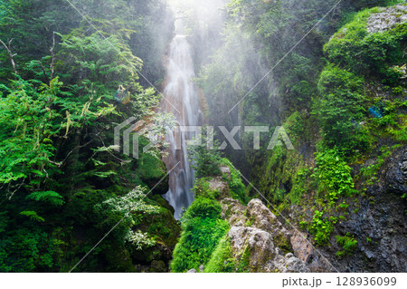 夏の乗鞍高原三本滝に差し込む光芒 128936099