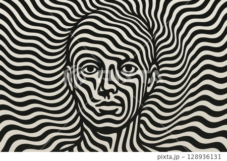Black and white abstract optical illusion portrait with wavy lines 128936131