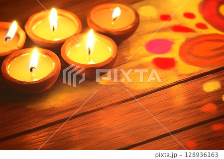 Several glowing clay oil lamps with bright warm flames are placed on a textured wooden surface, illuminating vibrant abstract patterns. 128936163