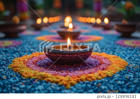 A radiant oil lamp illuminates a beautiful ground pattern composed of bright, multi colored grains, extending into the soft lit background. A radiant oil lamp illuminates a beautiful ground pattern composed of bright, multi colored grains, extending into the soft lit background. 128936181