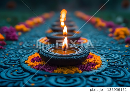 Many small oil lamps burn brightly in a long row, creating a beautiful illuminated path with colorful designs. Many small oil lamps burn brightly in a long row, creating a beautiful illuminated path with colorful designs. 128936182