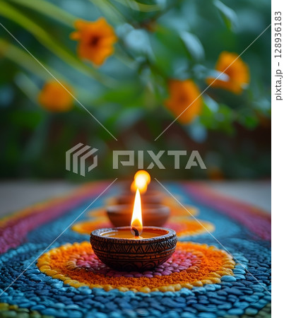 A row of beautifully lit traditional clay oil lamps emits a warm glow on a vibrant intricate stone art design. A row of beautifully lit traditional clay oil lamps emits a warm glow on a vibrant intricate stone art design. 128936183