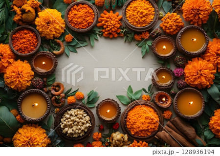 Traditional lit candles and vibrant orange flowers frame a serene empty space, accented by small bowls of colorful powders and natural elements. Traditional lit candles and vibrant orange flowers frame a serene empty space, accented by small bowls of colorful powders and natural elements. 128936194