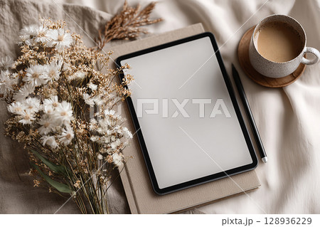 Presentation for Instagram. Copy space. Touch screen. Flat lay of tablet mockup with blank pages with a minimalistic design. 128936229