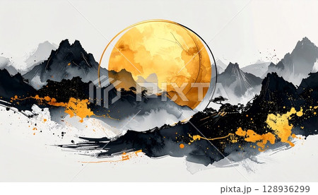 墨グラデと金幾何重ね構成画 128936299