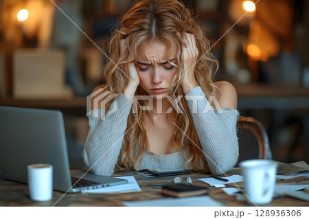 A young woman feels overwhelmed by intense work at her desk with a laptop, holding her head in frustration. 128936306