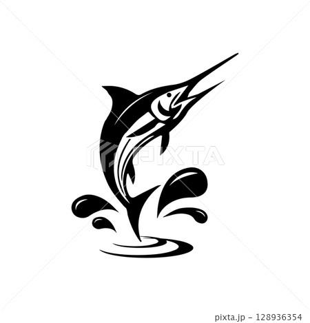 Dynamic black and white marlin silhouette leaping from the water 128936354
