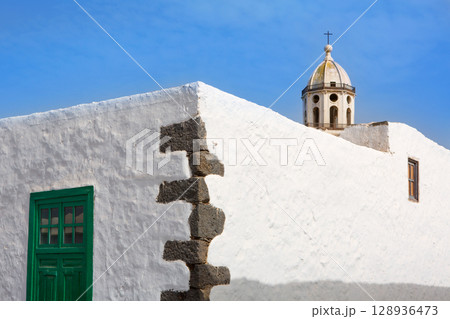 Lanzarote Teguise white village with church tower 128936473