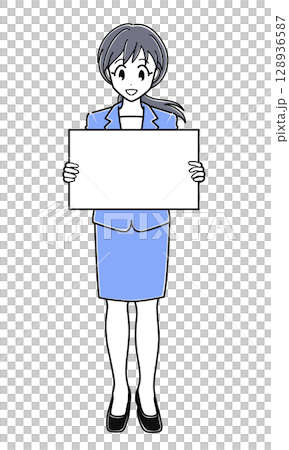 A suit-wearing office lady standing with a flip board (simple) 128936587