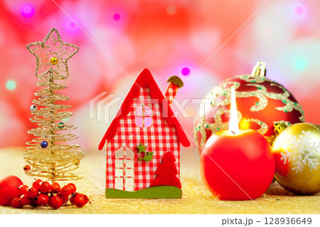 Christmas golden tree and red vichy house 128936649
