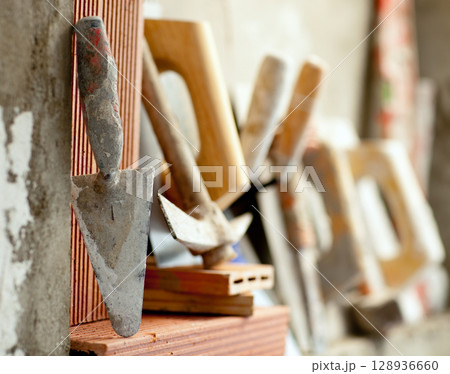Construction mason cement mortar tools 128936660