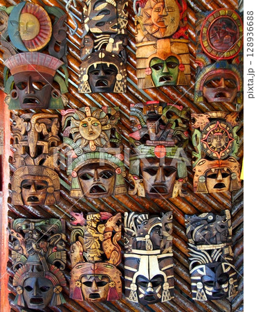 Mexican wooden mask handcrafted wood faces 128936688