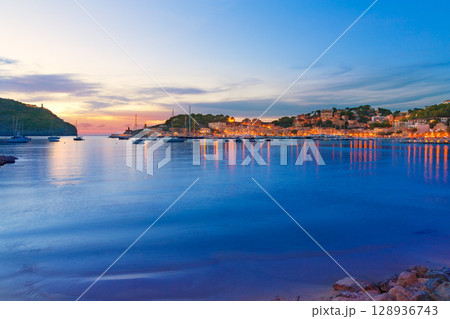 Port de Soller sunset in Majorca at Balearic island 128936743