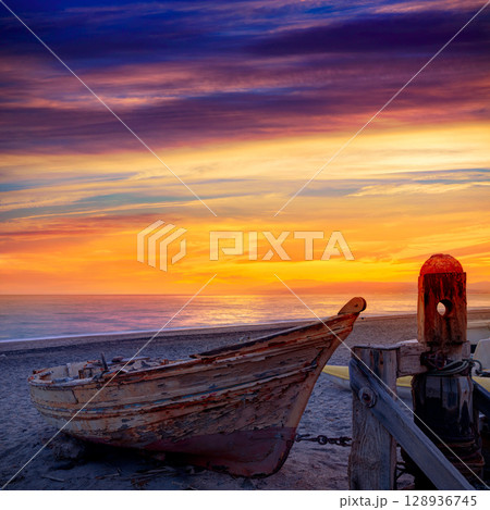 Almeria Cabo de Gata beached boats in the beach 128936745
