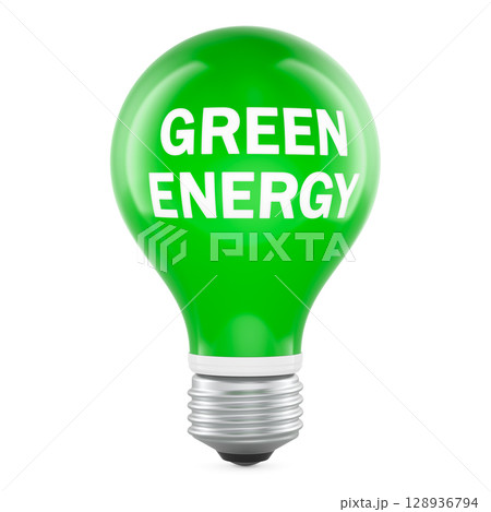 Green Energy concept with green light bulb. 3D rendering Green Energy concept with green light bulb. 3D rendering 128936794