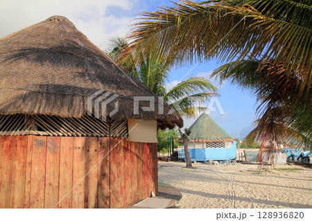 tropical wood hut palapa in Cancun Mexico tropical wood hut palapa in Cancun Mexico 128936820