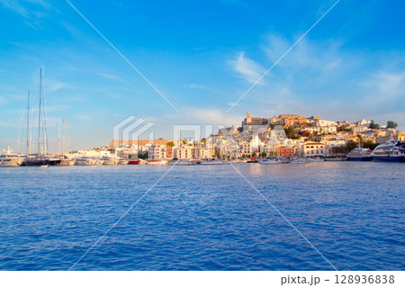 Ibiza Eivissa town with blue Mediterranean 128936838
