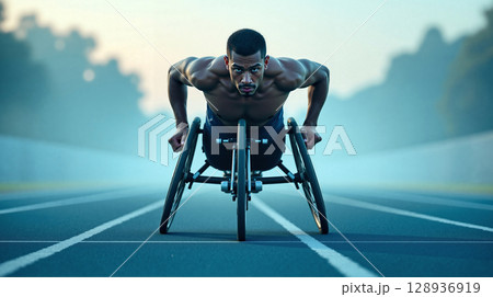 Determined Athlete in Wheelchair Racing. 128936919
