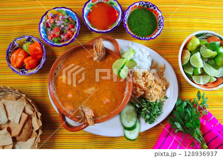 shrimp seafood soup mexican chili sauces nachos 128936937