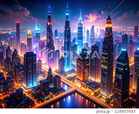 夜空に輝く都会の明かりが幻想的な夜景 128937083