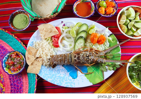 Lobster seafood Mexican style chili sauces tortilla 128937569