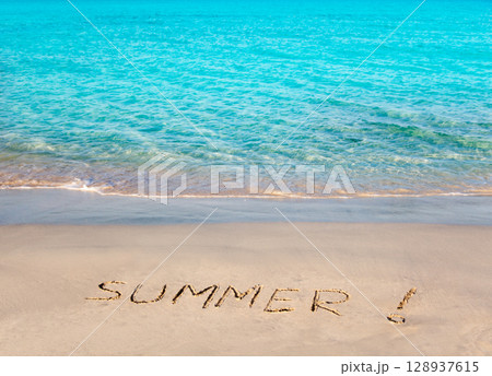 Tropical beach with Summer word written in sand Tropical beach with Summer word written in sand 128937615
