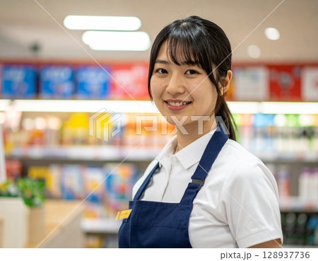 スーパーでアルバイトをする日本人の学生 128937736