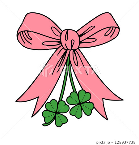 Pink Ribbon Bow with Hanging Green Four Leaf Clovers 128937739
