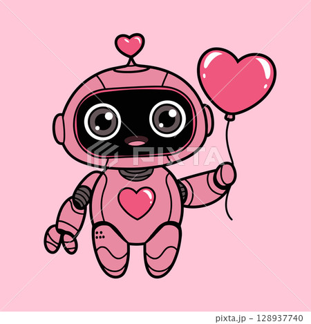 Pink Cartoon Robot with Heart Balloon and Heart Antenna 128937740