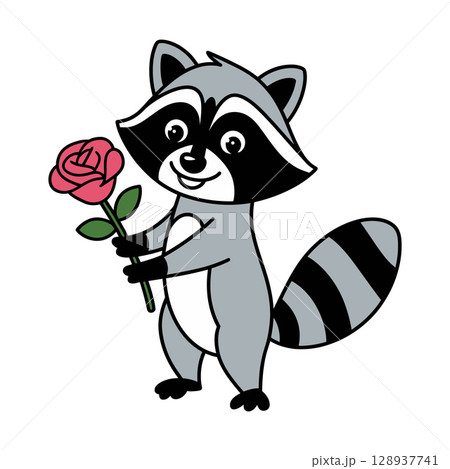 Cartoon Raccoon Holding a Red Rose with a Sweet Smile 128937741
