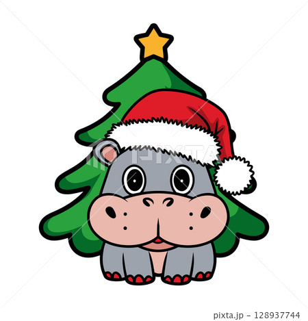 Cartoon Hippopotamus with Santa Hat Standing in Front of Christmas Tree 128937744
