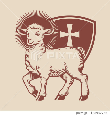 Symbolic Lamb with Halo and Cross on Shield 128937746