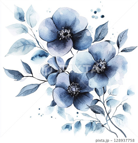 Blue watercolor flowers on white background. Tender floral arrangement for holiday design 128937758