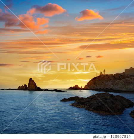 Almeria Cabo de Gata lighthouse sunset in Spain 128937814